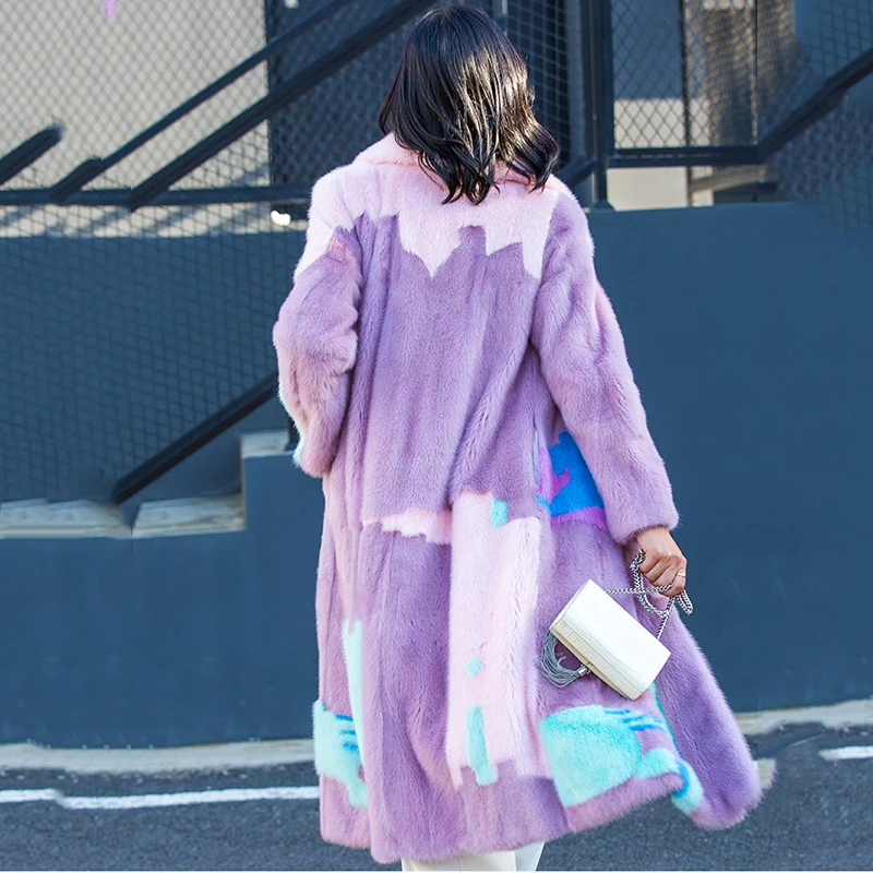 Ftangaiur Winter Female Import Velvet Mink Fur Coat Patchwork Color Mink Coat Women Jacket X-Long Natural Real Mink Fur Coats
