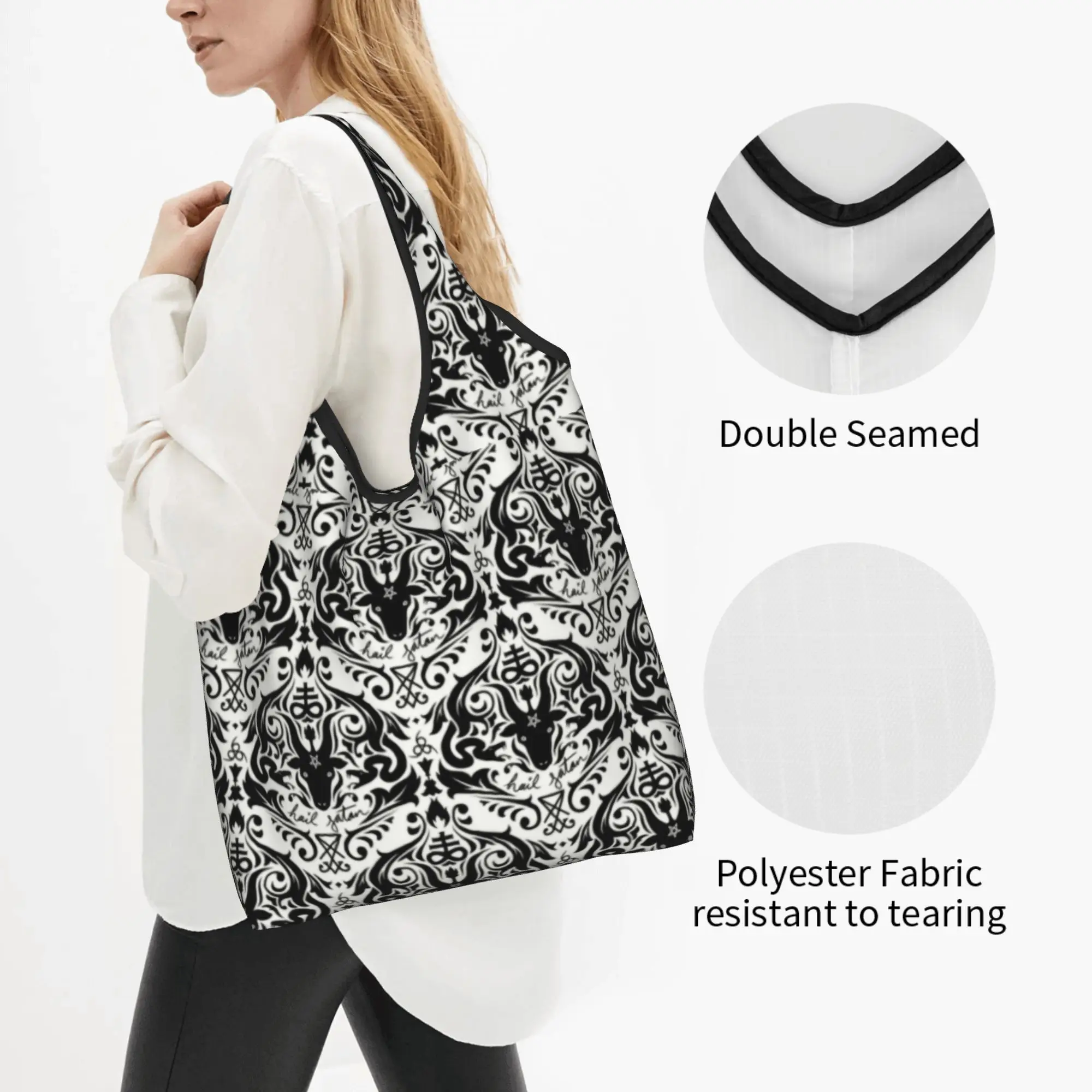 Fashion Printed Damask Hail Satan Tote Shopping Bags Portable Shopper Shoulder Satanic Cross Devil Baphomet Handbag
