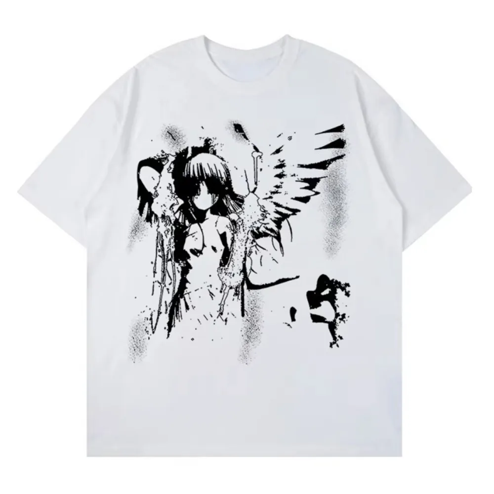 Retro Japanese Angel Printed Men's and Women's Short sleeved T-shirt Summer Harajuku Casual Loose Cotton Couple T-shirt Clothing