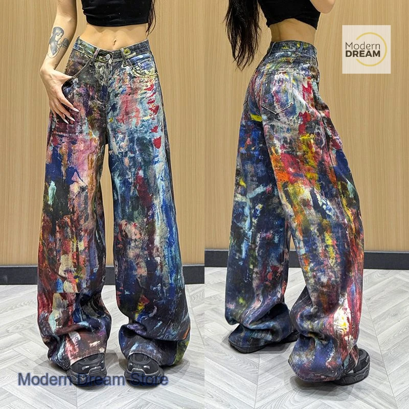 

American heavy industry color splash-ink design jeans women's spring and summer new fashion Joker slim straight mop pants.