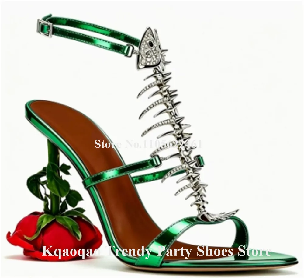 Kqaoqao Unique Style Metallic Green Leather Flowers Shaped Heel Sandals Pointed Open Toe T-straps Strange Heel Party Heels