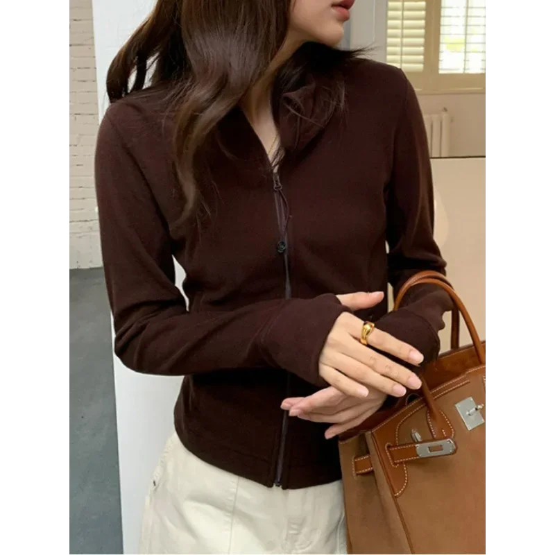 

German Velvet Sweatshirts Women Autumn Long Sleeve Casual Style Jacket Versatile Zipper Cardigan Tops Solid Clothes Coffee Slim