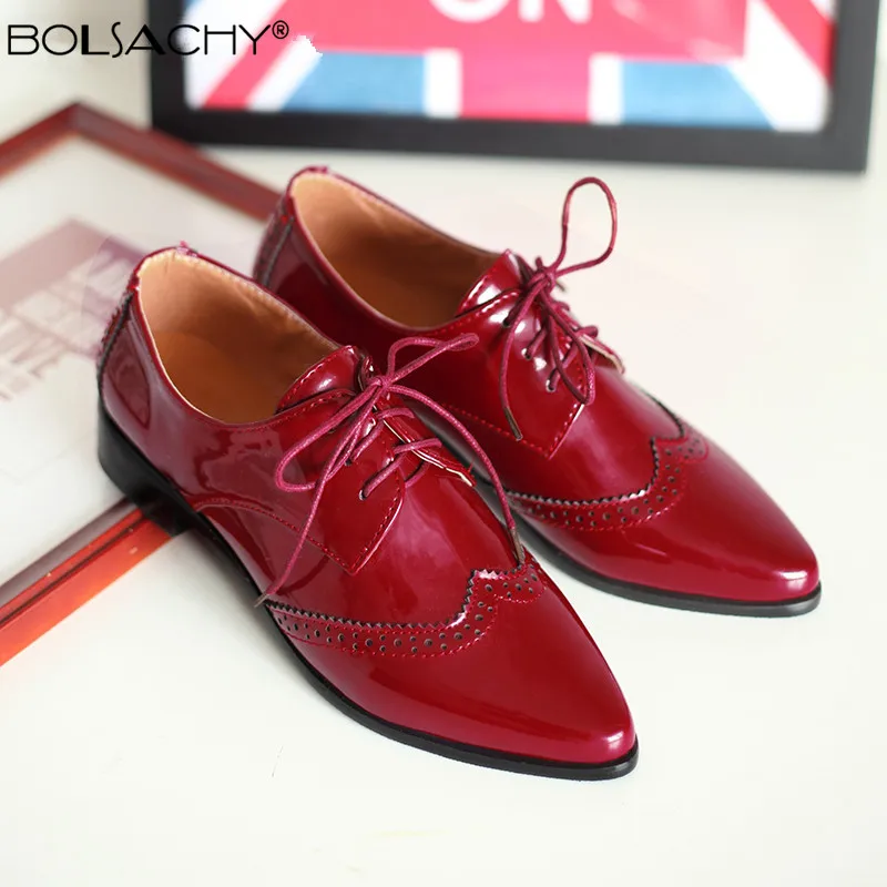 

Spring Autumn Women Oxford Flats Brogue Patent leather Black Office Outsole Female Pointed toe Ballet Derby Shoes Ladies 34-43