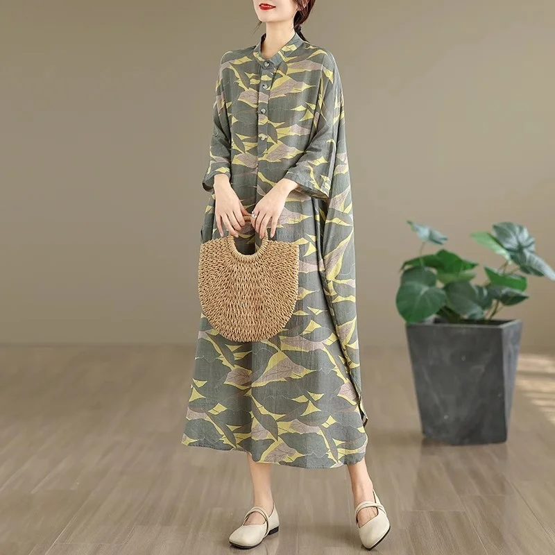 Ropa de mujer 2025 otoño nuevo estilo artístico Retro algodón cáñamo impreso cuello levantado suelto Extra grande vestido de vacaciones w1033