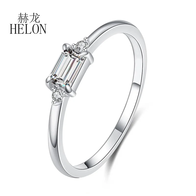 HELON Solid 14K 585 White Gold Baguette Cut 3x5mm DEF Color Moissanite Diamond Engagement Ring Bridal Wedding Gift for Women