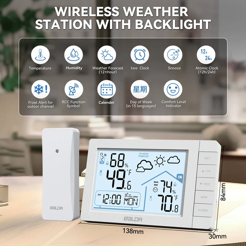 Baldr Wireless Weather Station With Wireless Sensor DCF Radio-Controlled Clock Indoor/Outdoor Thermometer Hygrometer Hygrometer