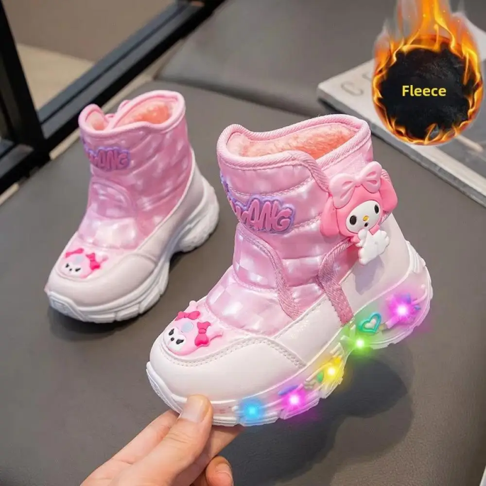 Sanrios Kuromi-Bottes de neige pour enfants, bottes de princesse pour filles, coton épais, chaussures lumineuses, bottes de dessin animé souples, mélodie mignonne, coordonnantes