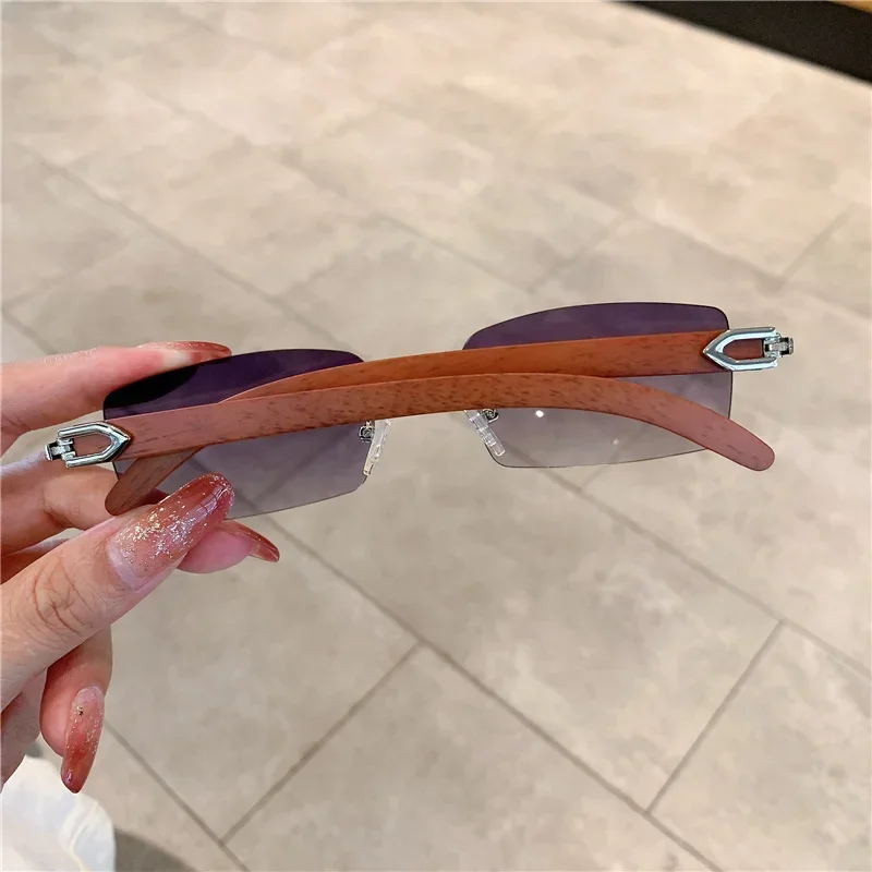 Small Rimless Sunglasses Men Women Wooden Luxury Brand Retro Sun Glasses Fashion Shades UV400 Travel Outdoor Eyewear view 3