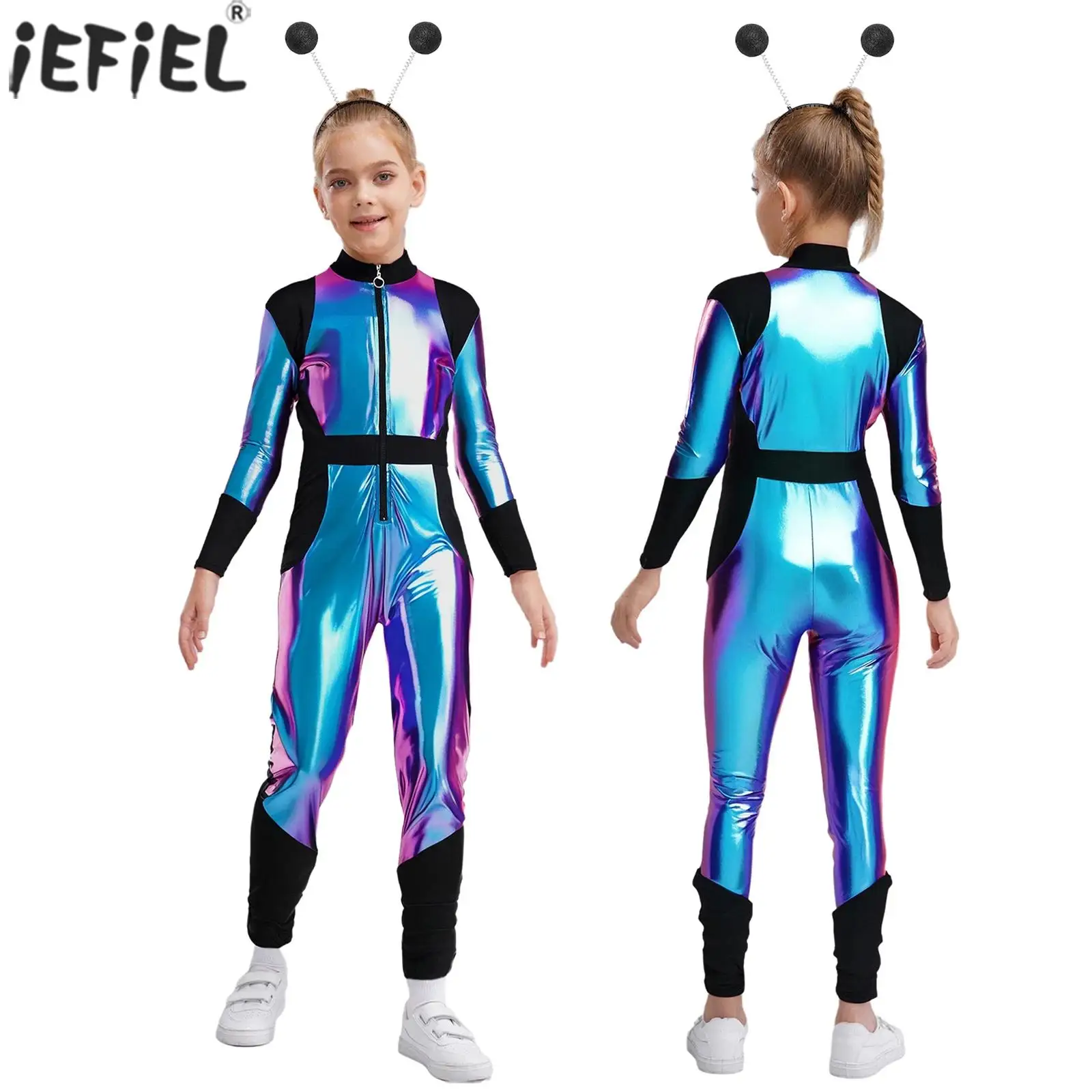 

Kids Girls Halloween Alien Robot Cosplay Costume Long Sleeves Metallic Bodysuit with Alien Hair Hoop for Outer Space Theme Party