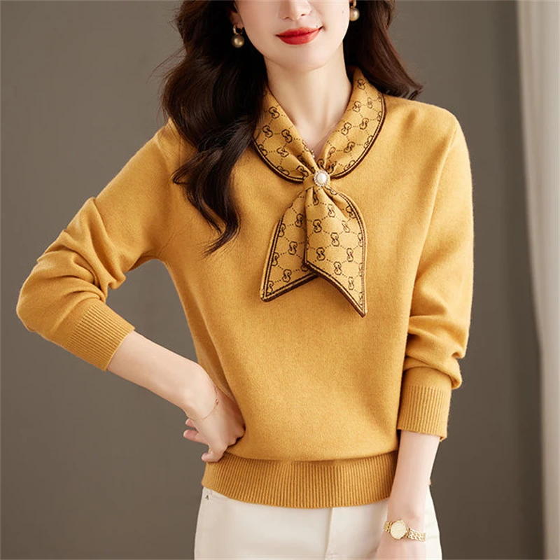 Women Clothing New Autumn Winter Beaded Bow Luxury Design Elegant Knitted Sweater Fashion Long Sleeve Pullover Tops Chic Jumpers