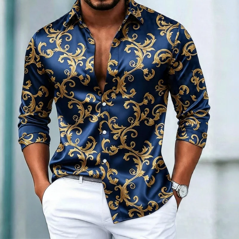 Men's shirt long sleeved lapel shirt fashionable retro Baroque printed lapel shirt banquet light luxury slim fit men's top