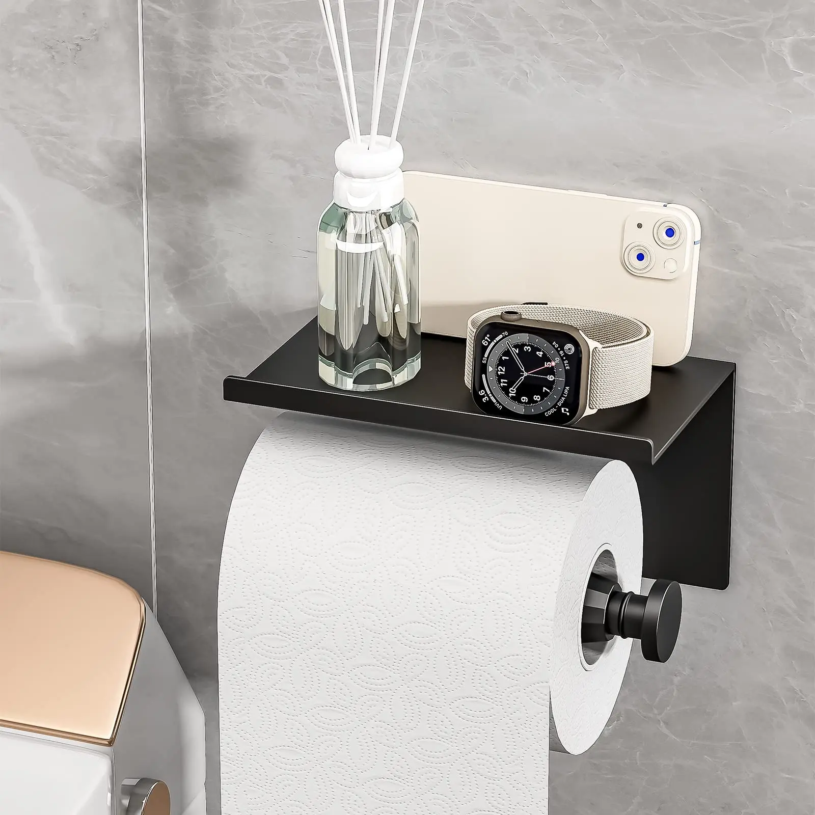 Wall Mounted Toilet Paper Roll Holder, Adhesive Tissue Holder with Phone Shelf, Bathroom Storage