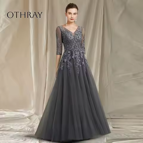 Half Long Sleeves V Neck A Line Applique Wedding Groom Mom Gowns Met Gala Party Elegant Grey Lace Mother Of The Birde Dresses