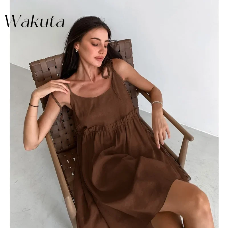 WAKUTA Sexy U-neck Sleeveless Halter Dresse Salt Set Loose Cotton Linen A-line Gowns Loose Casual Mini Skirts Beach Y2K Clothes