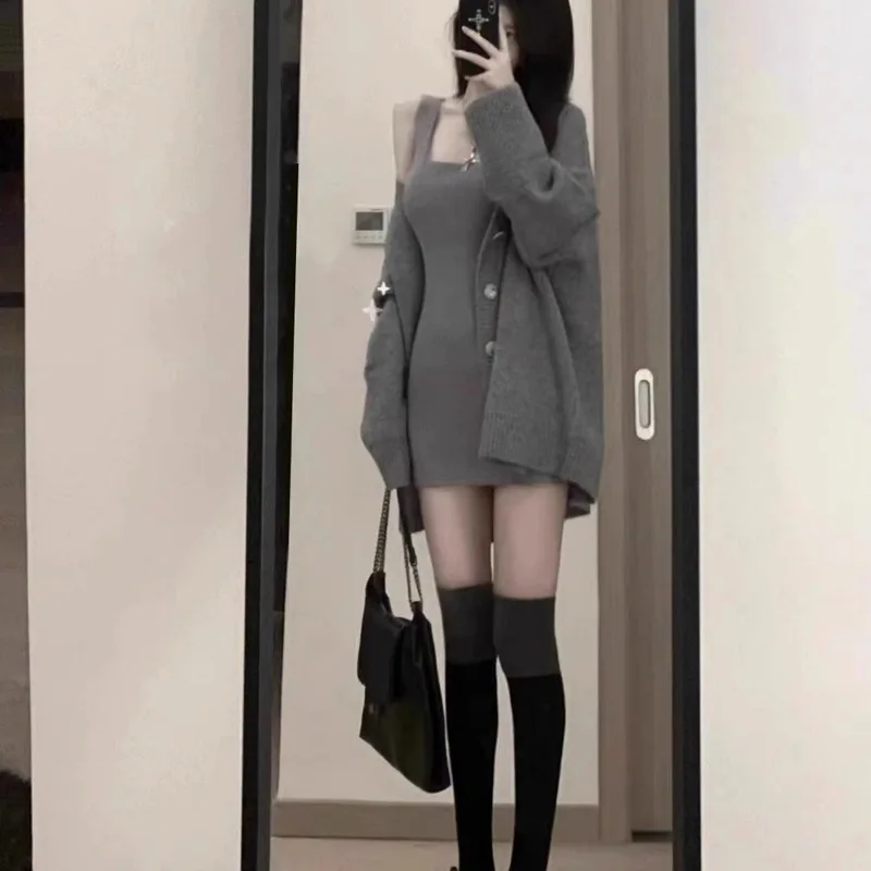 Fall Knitted Sweater And Dress Set Women's Two-Piece Ensemble Short Size Autumn Outfit Complete Set V-Neck Long Sleeve