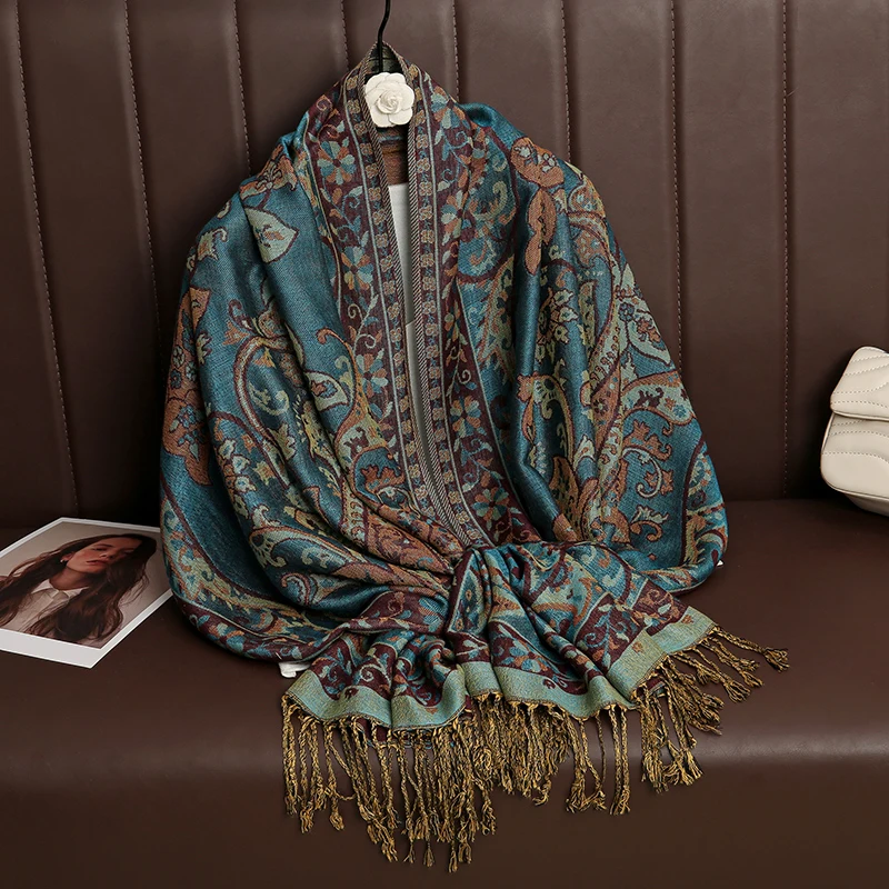 70*190cm Winter Warm Thick Ethnic Style Jacquard Scarf Outdoor Women Travel Foulard Cashmere Tassel Shawl Wrap Pashmina Floral