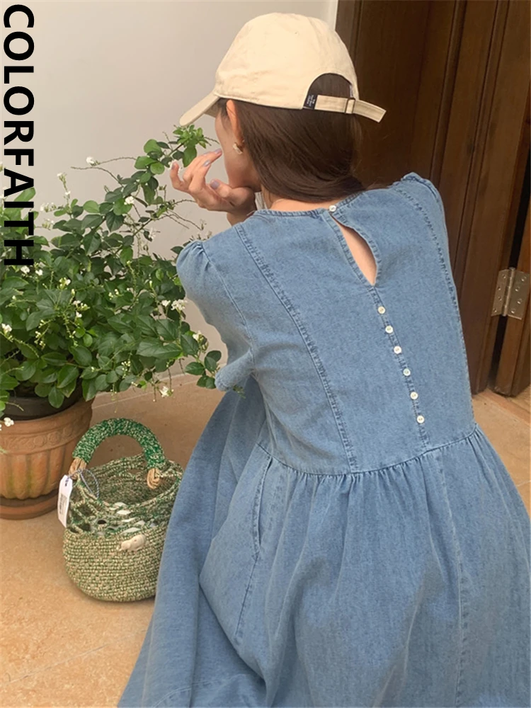 Colorfaith DR9909 2023 New Vintage Cutout Buttons Chic Denim Korean Fashion High Street Lady Oversized Women Summer Long Dresses