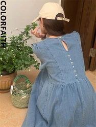 Colorfaith DR9909 2024 New Vintage Cutout Buttons Chic Denim Korean Fashion High Street Lady Oversized Women Summer Long Dresses