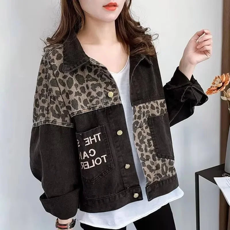 4XL Autumn Women Large Size Jeans Jacket Korean Ladies Splicing Together Denim Outwear Female Trendy Leopard Print Cowboy Coat