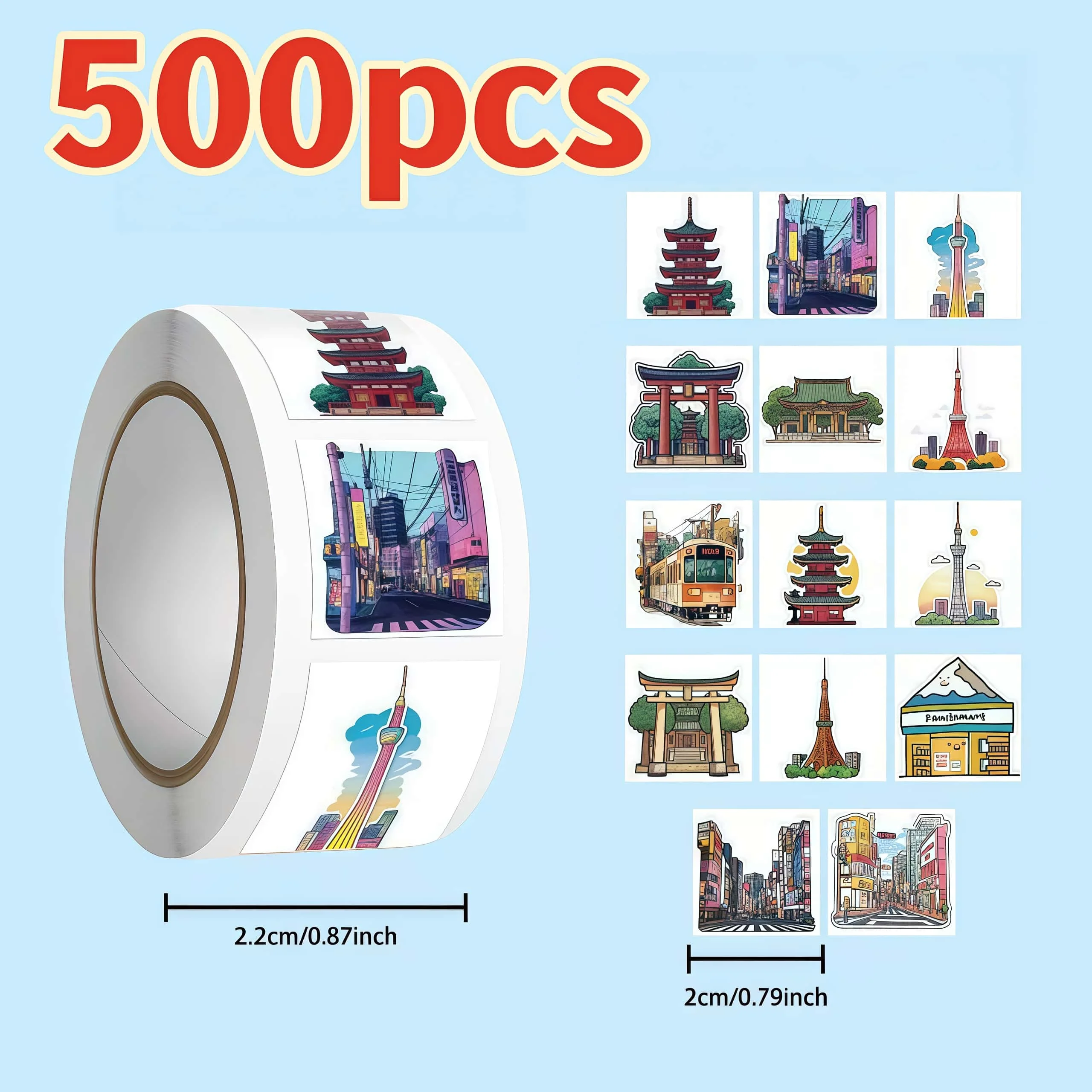 500Pcs Japanese City Landmark Stickers, Tokyo Building Scenery Decals for Laptop Water Bottle Scrapbook DIY Craft Decor