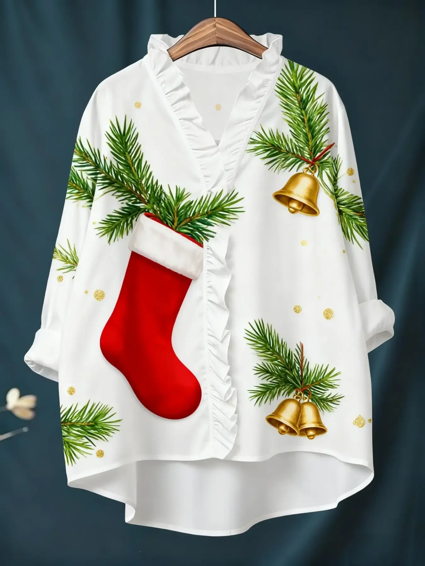 Nova camisa feminina de manga comprida com estampa digital de Natal e gola com babados, ajuste solto, s-2xl