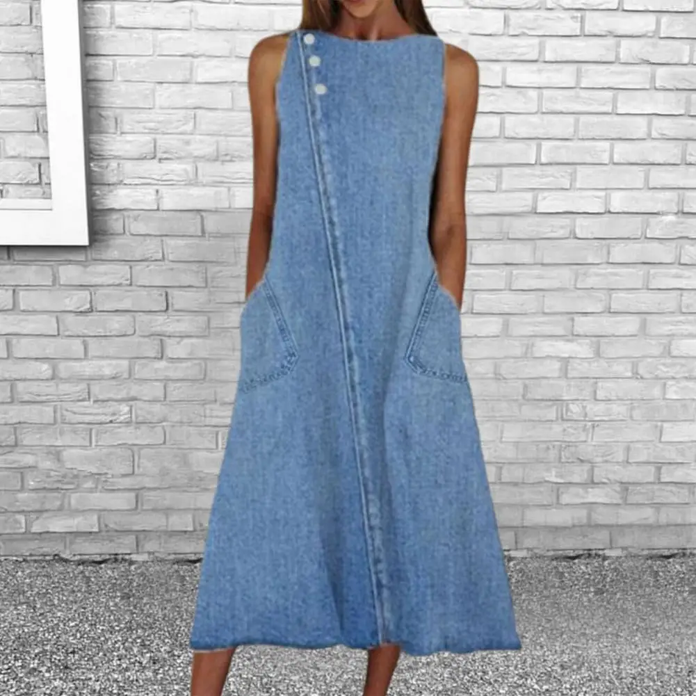 Popular Midi Dress O-neck Soft Texture Soft Fabric Summer Lady Casual Denim Dress