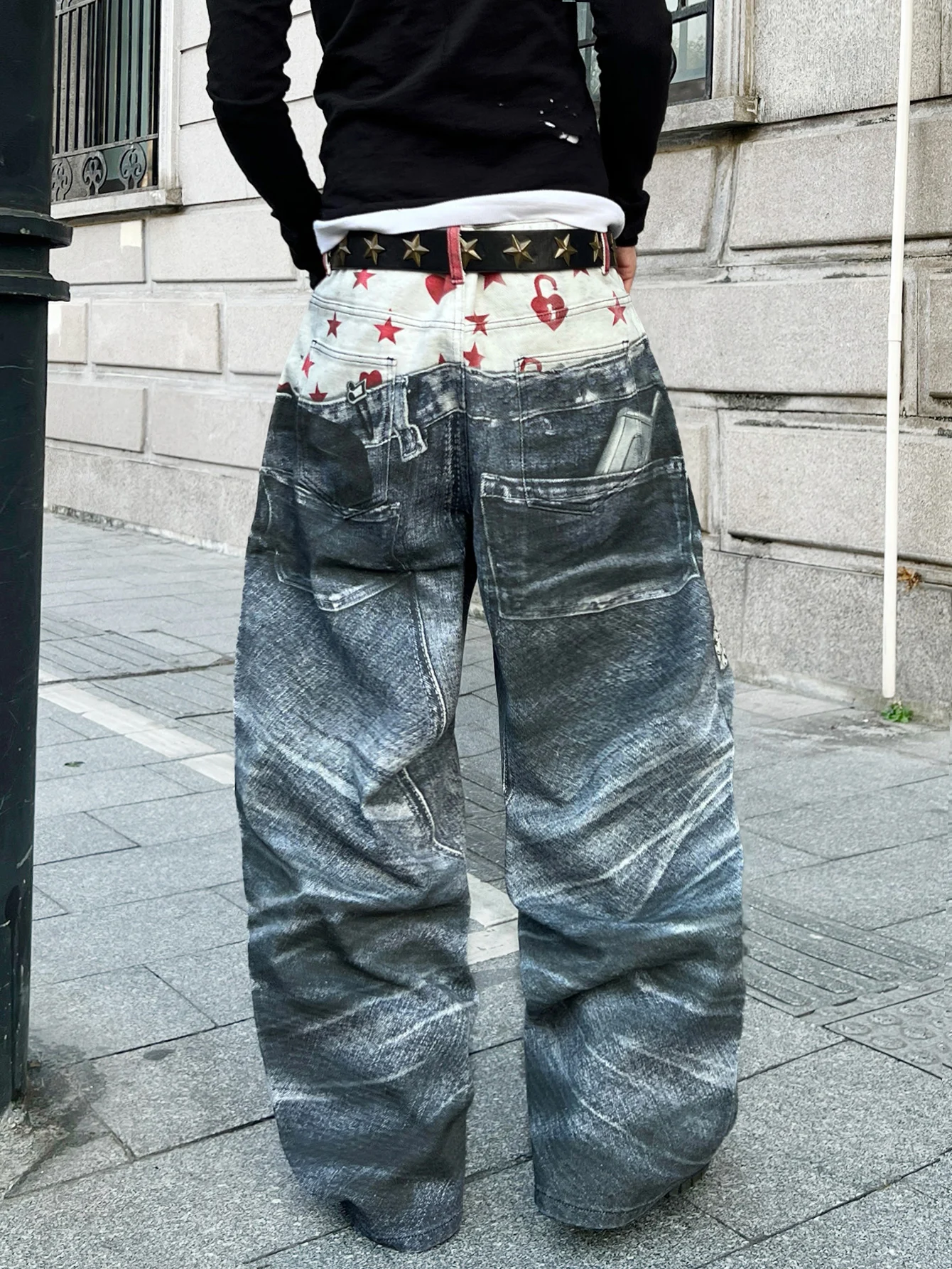 Men's Jeans Streetwear Y2K Wide-Leg Pants For Men With Double Waistbands, Baggy Vintage Hip-Hop Style Versatile Men's Trousers