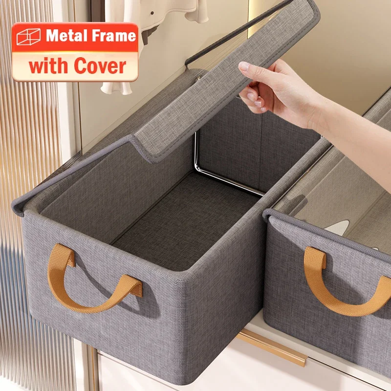 

Folding Clothes Storage Basket with Cover Metal Frame Underwear Box Wardrobe Organizer Box Cabinet Drawer Collapsible Organizer