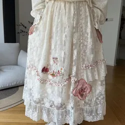 Japanese Style Sweet Lace Embroidery Cotton Long Skirts For Women Girl Autumn Summer Lace Patchwork Skirt Lolita