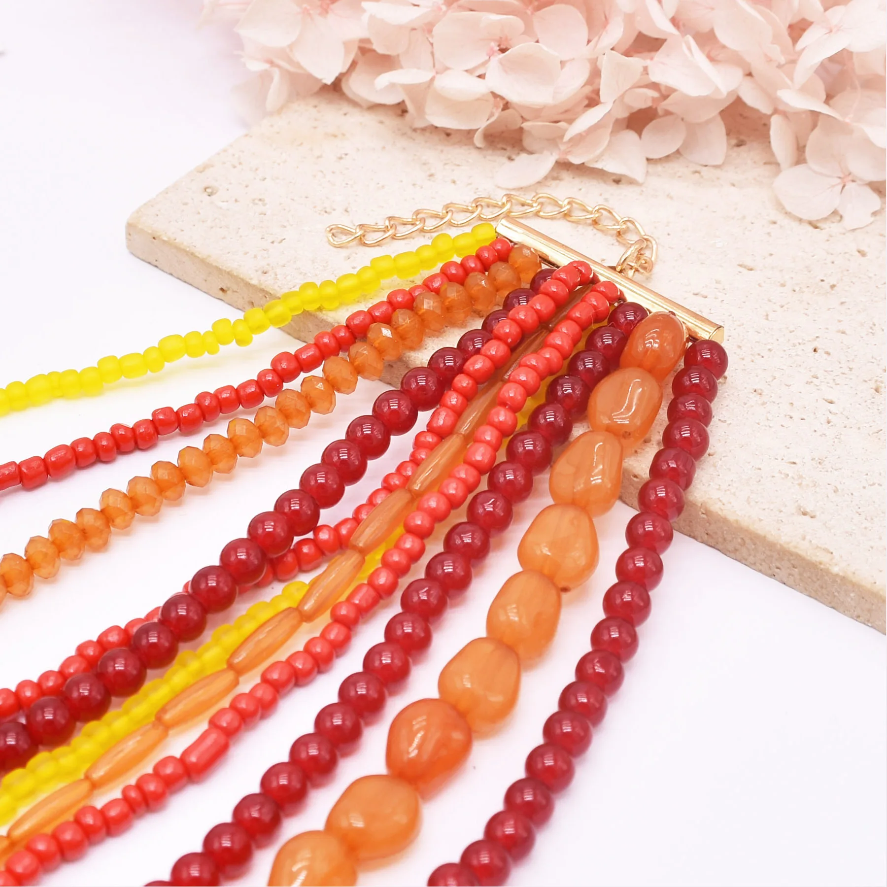 Multi Layer Orange Red Acrylic Resin Bead Necklace for Women European American Trendy Bib Choker Collar Neck Jewelry Accessories