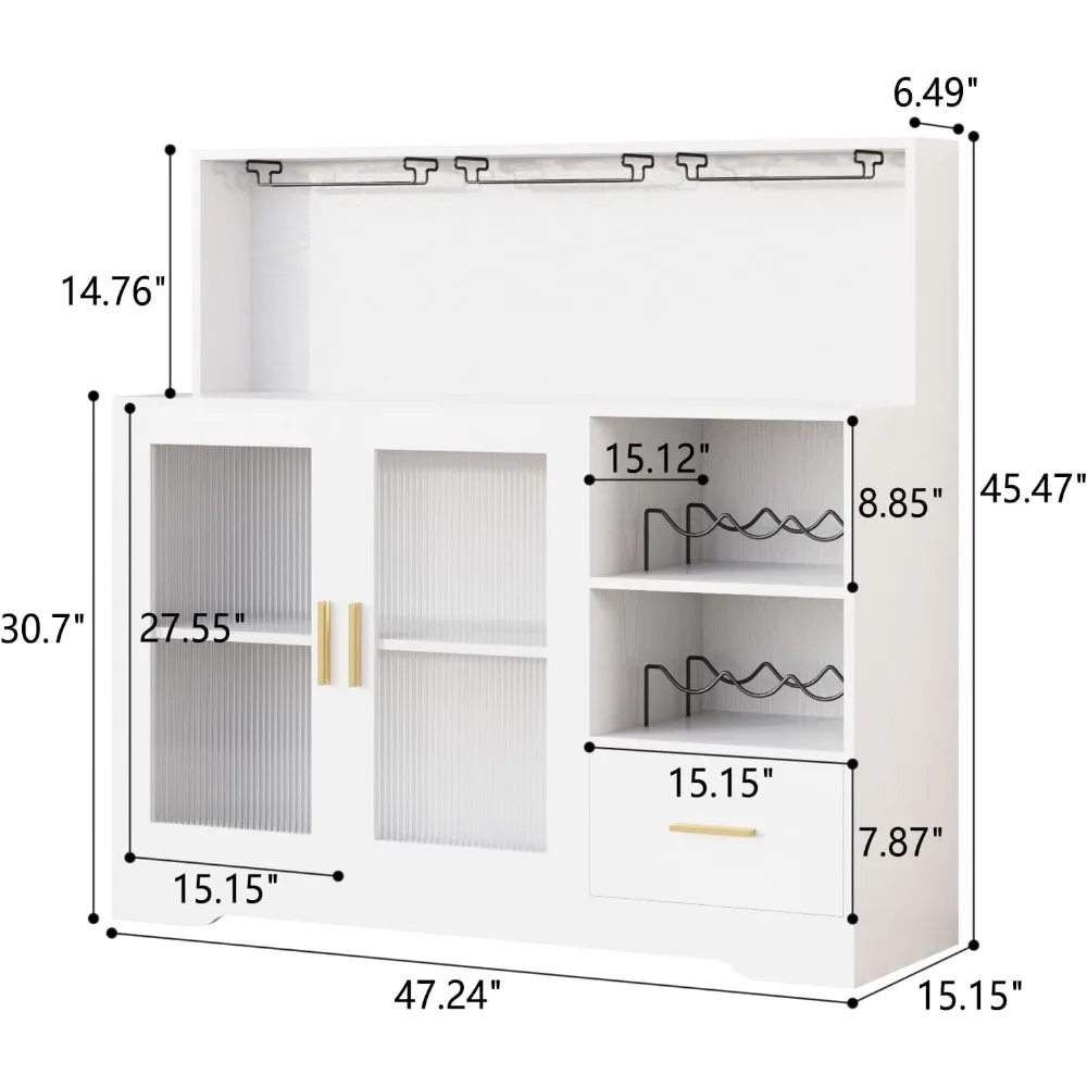 Wine Bar Cabinet w/ LED Light - Modern Kitchen Coffee Bar w/ Wine & Glass Rack"