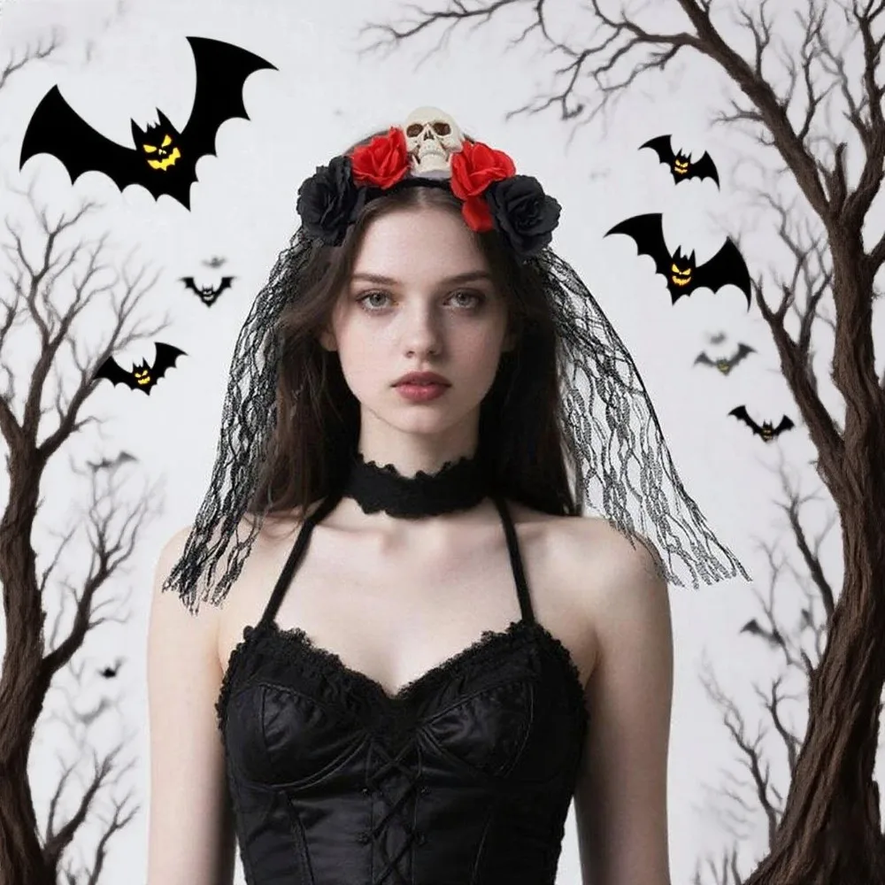 

Black Rose Skull Hair Band Gothic Artificial Rose Halloween Headband Garland Lace Cosplay Headdress Masquerades Costume