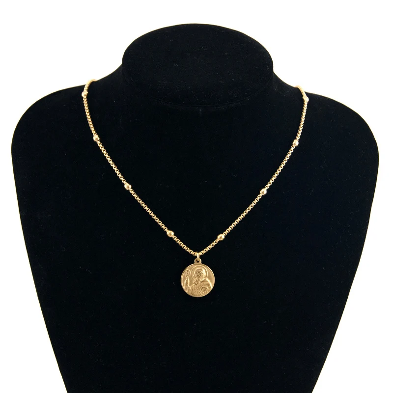 Colar de Aço Inoxidável para Mulheres, Corrente Caixa, Inlay Ball, San Benito Anjo, Nossa Senhora Cruz, Correntes Rolo Quadrado, Jóias