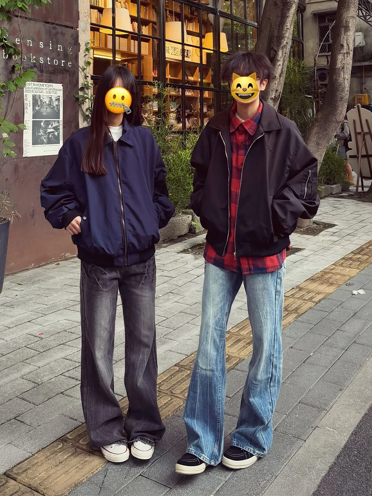 

Light Blue Loose Fit Straight Leg Men's Jeans High Waist American Street Sle Autumn High Rise Jeans Couple's Pants