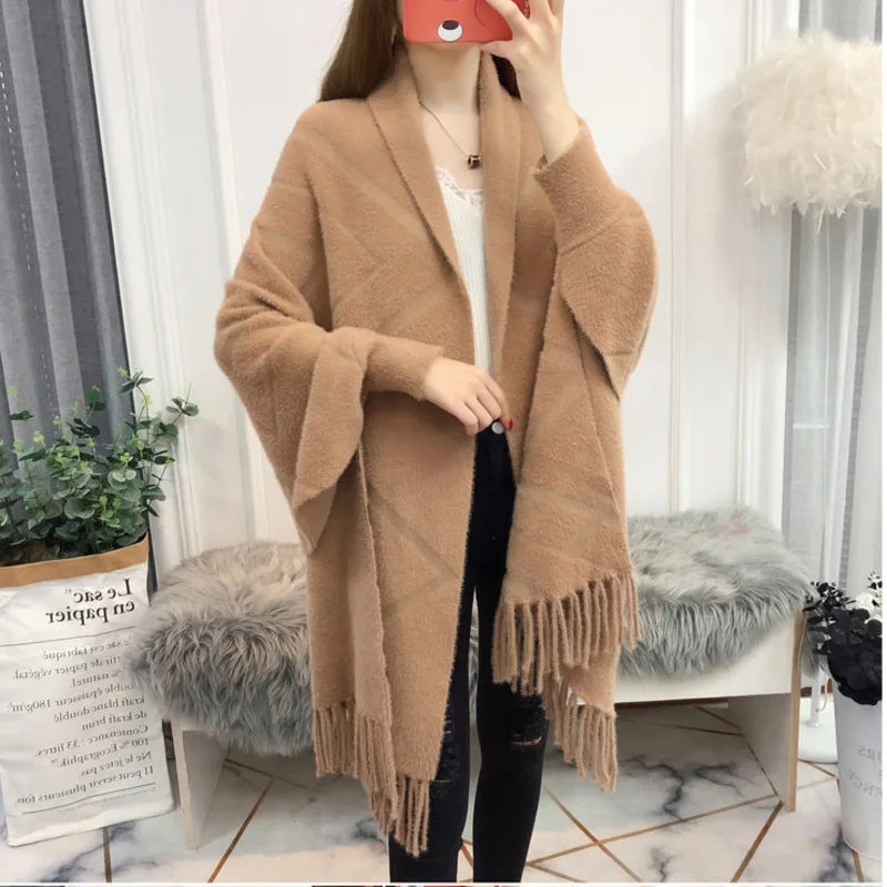 #4007 Autumn Winter Mink Cashmere Ponchos And Capes Women Warm Thick Cardigan Kimono Shawls And Wraps Femme Pink Beige Khaki