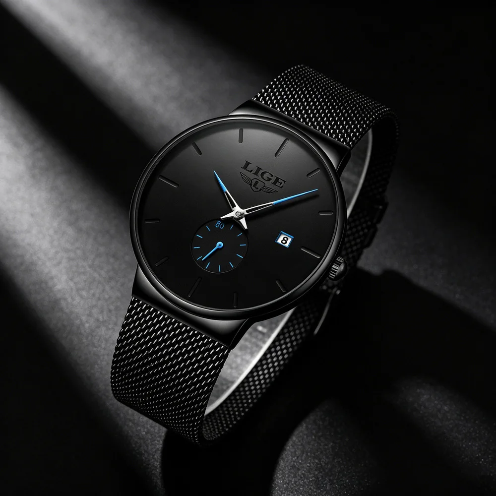 LIGE Mens Watch Fashion Auto Date Timing Small Dial Original Quartz Movement Stainless Steel Casual Sports Men Watchws