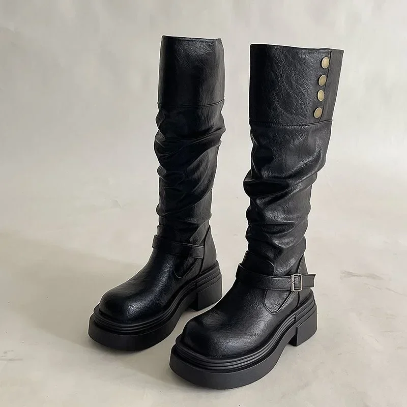 2026 Neue Damen-Plateau-Motorradstiefel mit Schnallenriemen und dicker Sohle – Schwarze PU-Leder Western Knight Botas Mujer – Detail 4