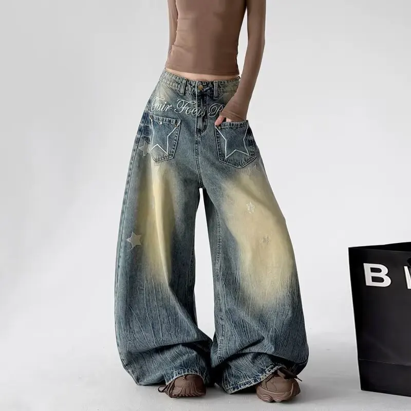 2026 American Retro Y2K Style Star Embroidery Washed Distressed Blue Baggy Jeans Pants For Women Clothes Wide Leg Denim Trousers