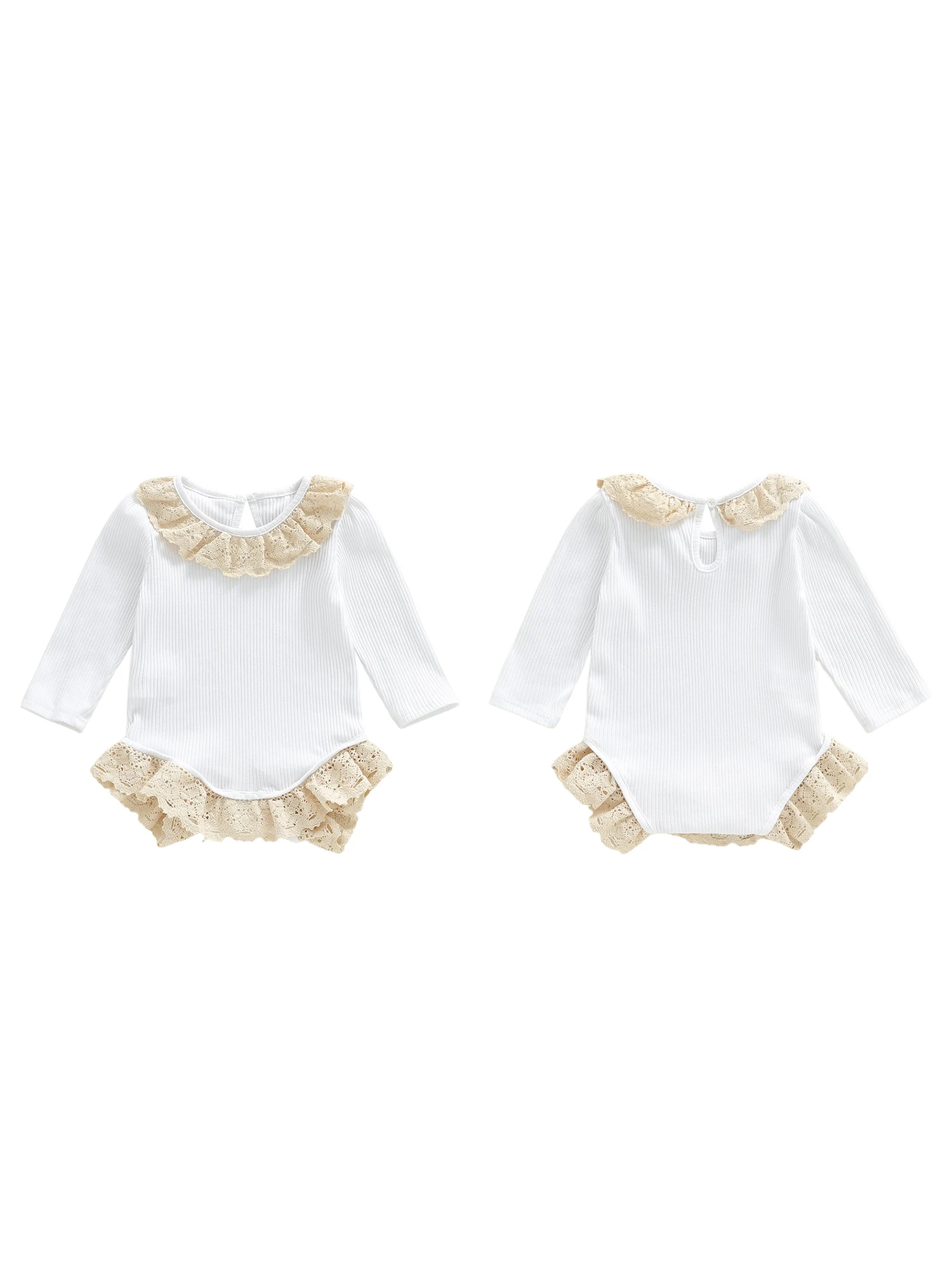 

Уютный комбинезон с длинными рукавами для маленьких девочек, кружевной отделкой и круглым вырезом для осенней повседневной одежды