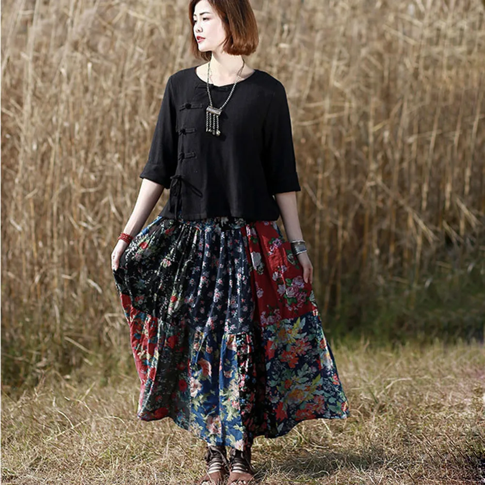 

Women's Cotton Floral Patchwork Long Dress Bohemian Color Unique Maxi Multi-Color Stretch Waist Skirt Loose Casual Spring Summer