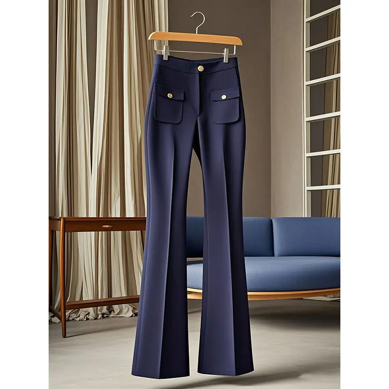 Autumn New Korean Office Lady High Waist Slim Temperament Flare Ladies Casual Fashion Solid Color Straight Women Pocket Pants