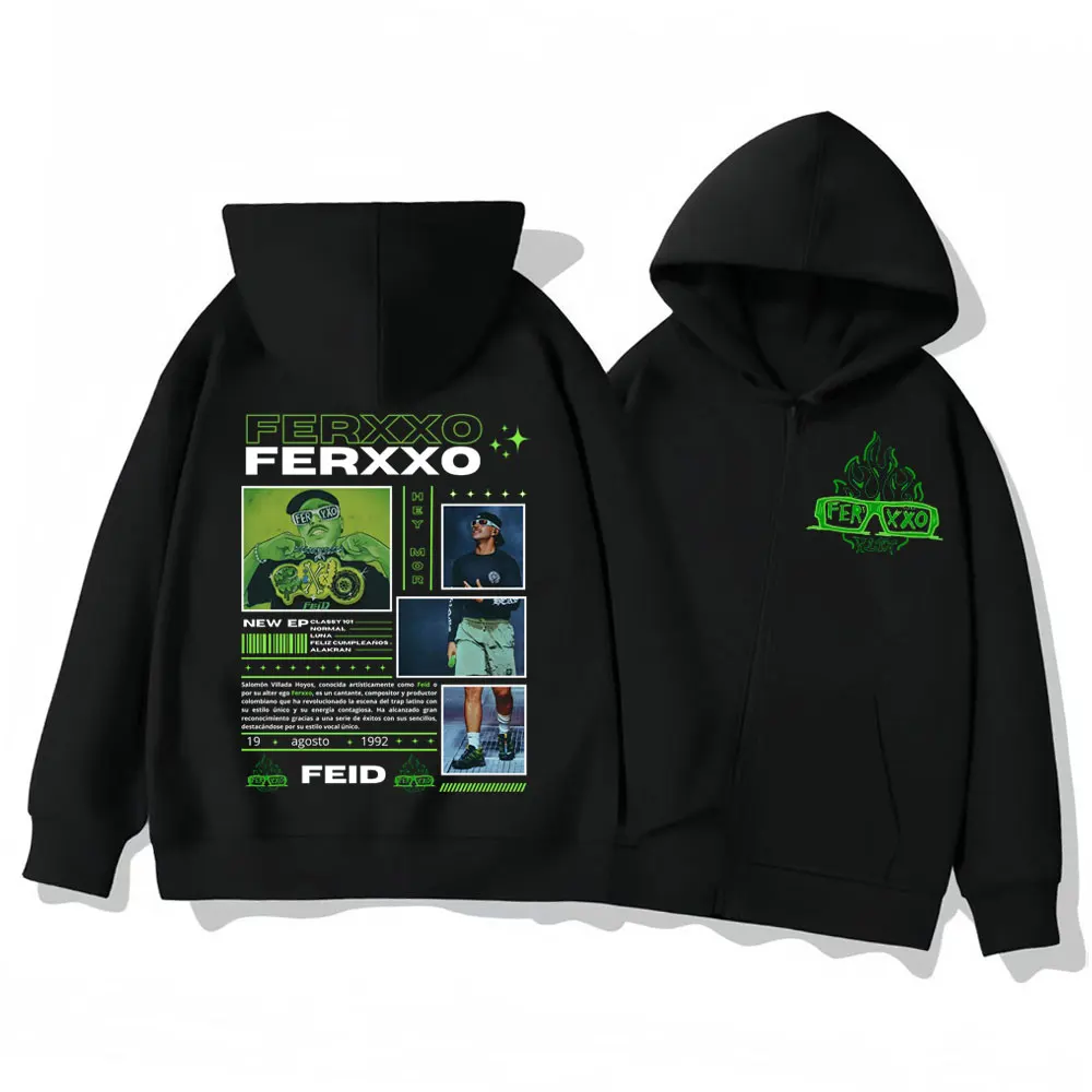 

Rapper Feid Ferxxo Album Graphic Zipper Hoodies Harajuku Hip Hop Zip Up Hooded Sweatshirts Men Women Vintage Fashion Pullovers