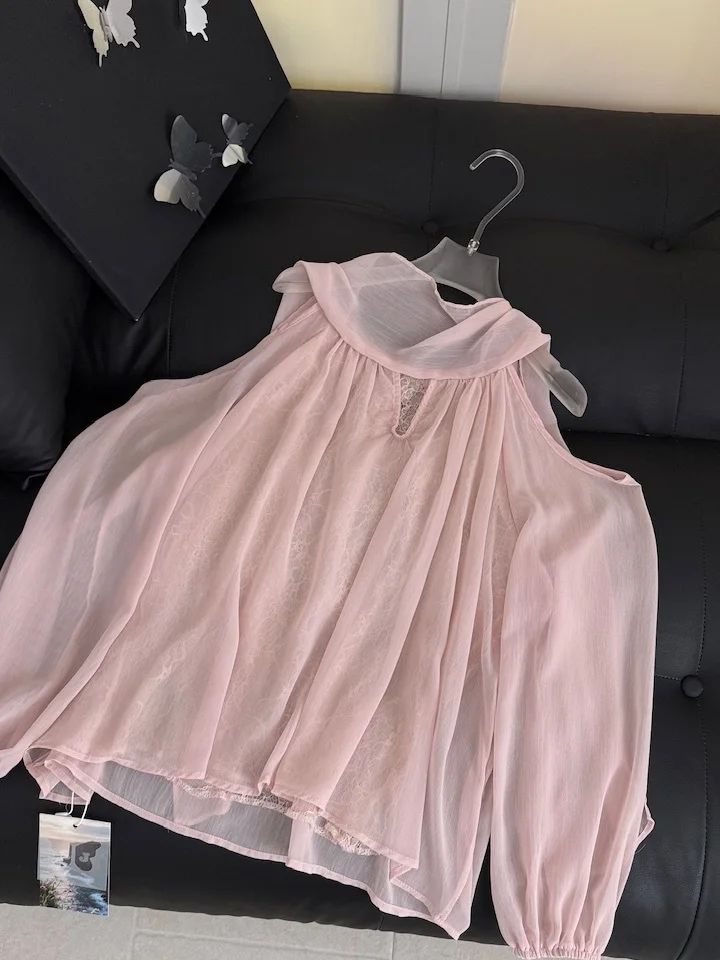 

Pink Off-Shoulder Chiffon Top Women's Gentle Style Loose Fit Meat Concealing Mid-Length Vest Shirt Korean Style Commute Wind
