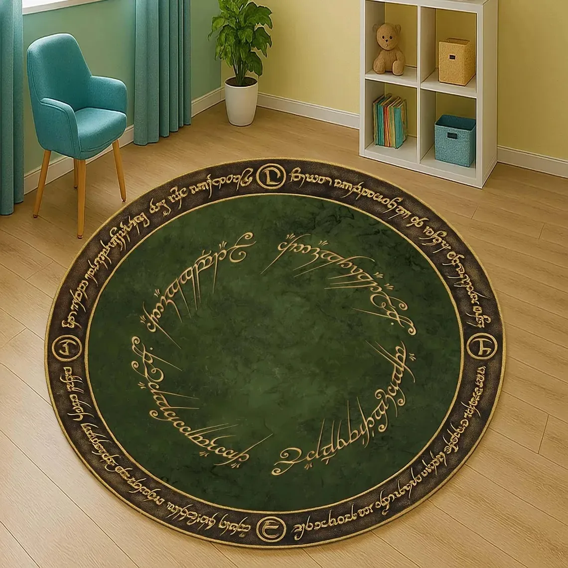 One Ring Print Flannel Round Rug Middle Earth Magic Symbolism Epic Fantasy Design Soft Floor Mat For Gamer Study Room Collection