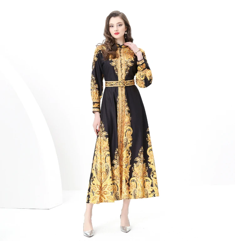 ZAROY Runway Lange Kleider Luxus Frauen Kleidung Vintage Barock Druck Langarm einreiher A-line Maxi Kleid Party Vestido