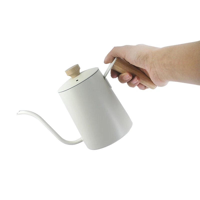 Classic Design Hand Brewed Coffee Pot White Stainless Steel Gooseneck Coffee Pot with Wooden Handle