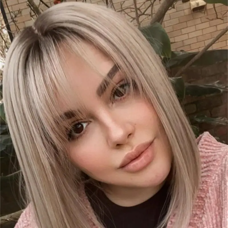 Ombre popielaty blond bezpieczna na ciepło koronkowa peruka syntetyczna z grzywką realistyczna linia włosów peruka dla kobiet Alopecia Hairloss Cosplay/impreza