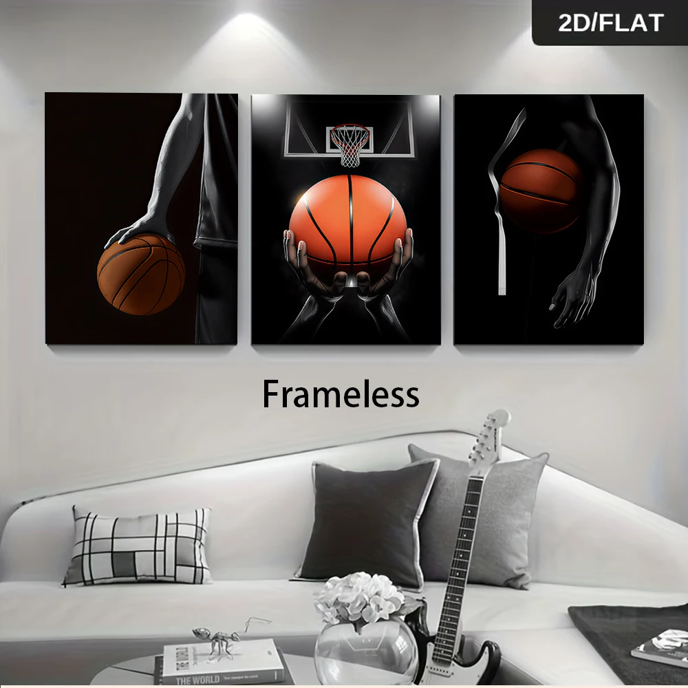 1 set of basketball themed modern minimalist triptych frameless decorative paintings, living room bedroom study wall paintings,