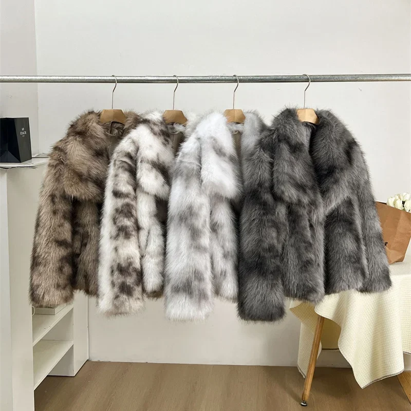 2025 Winter Fashion Faux Fur Coat Women Printed Fox Short Jacket Loose Streetwear Overcoat Collar Outerwear