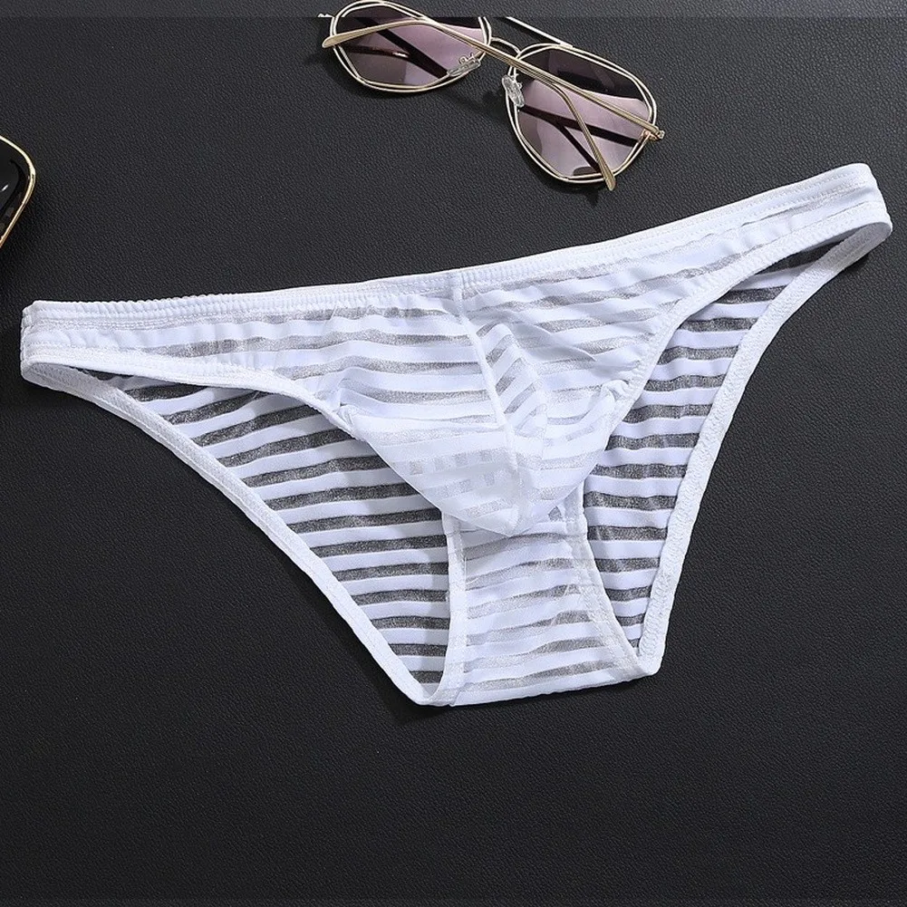Men'S Briefs Mesh Striped Transparent Underwear Thin Ice Silk Low Waist Panties Sexy Breathable Bulge Pouch Underpants Slip